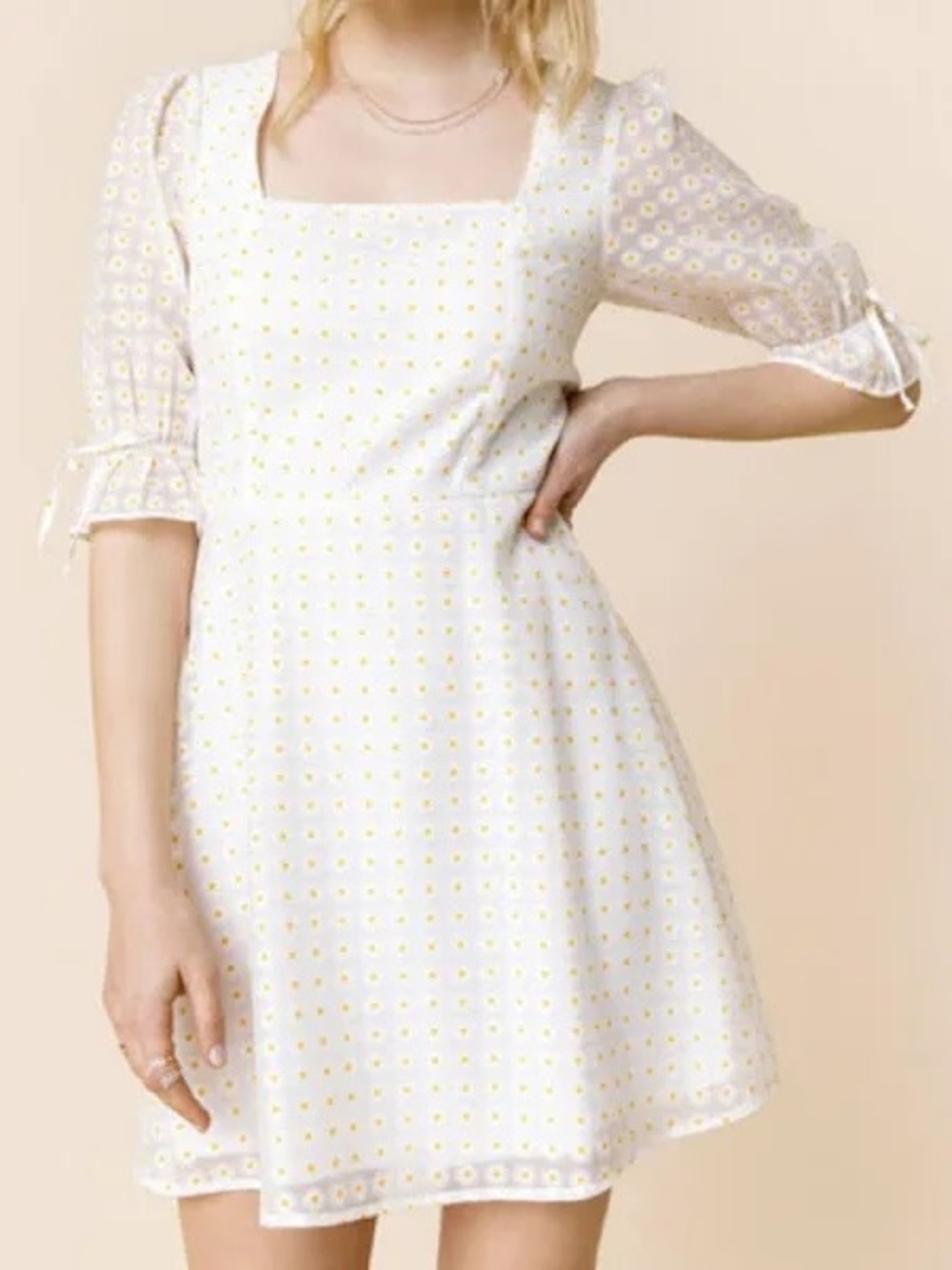 Francesca's Mi Ami Shundra Daisy White Mini Dress with Yellow Eyelet Dots